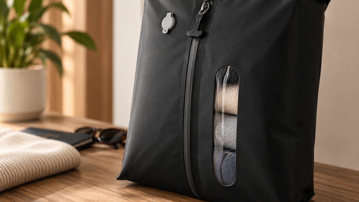 Close-up of the Foxnaro bag viewing strip showing folded clothes