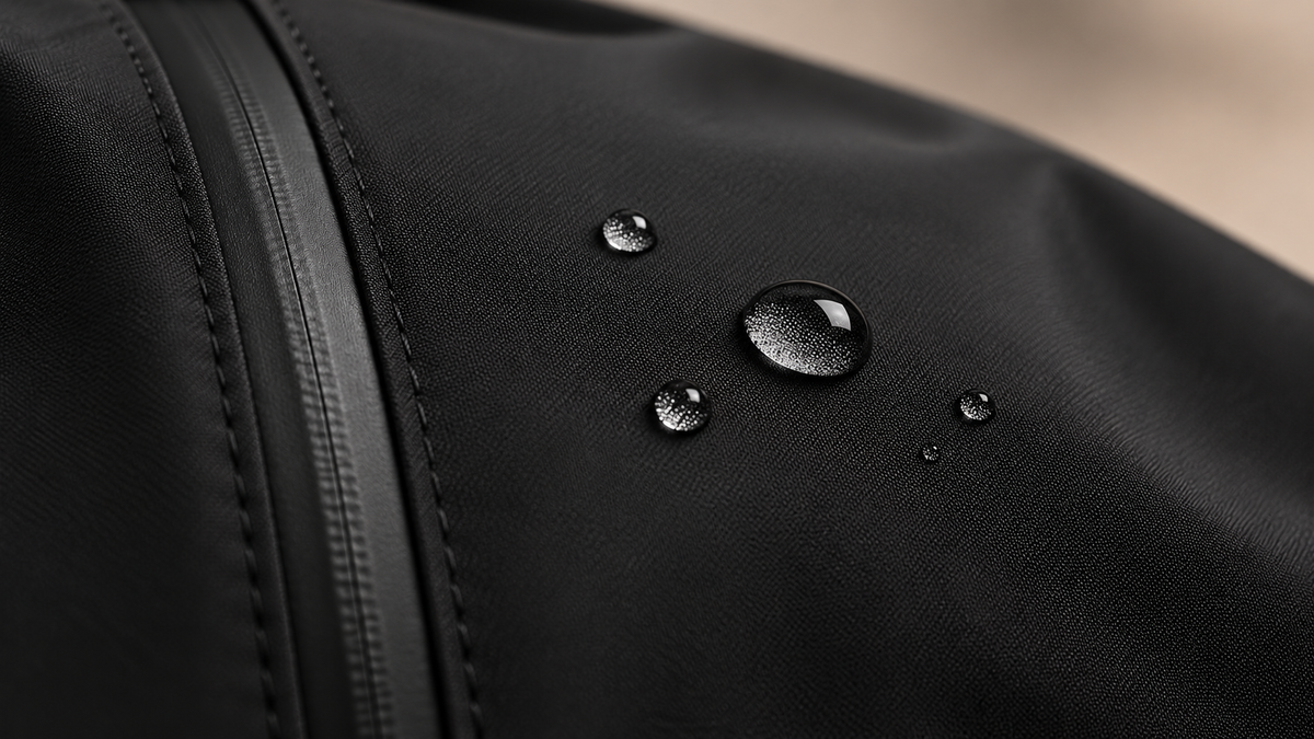 Water droplets on the black Foxnaro bag exterior