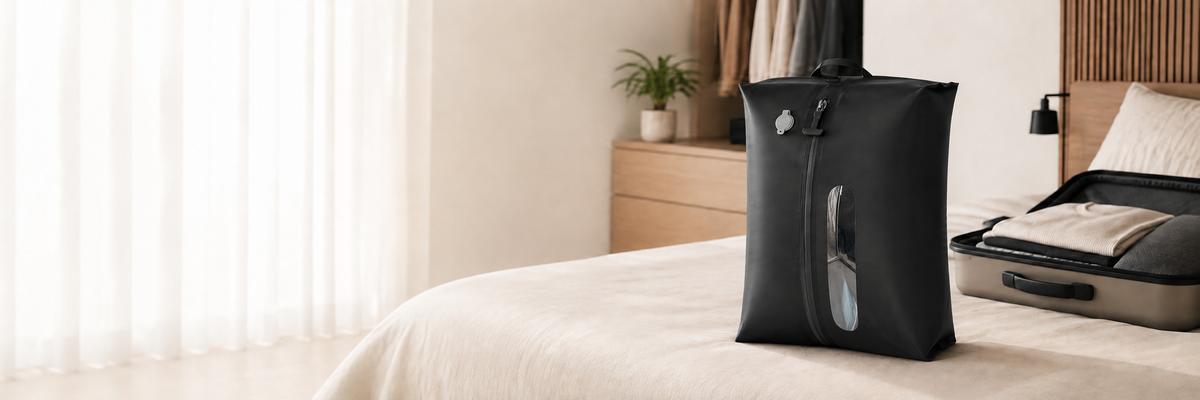 Foxnaro black travel compression bag beside an open suitcase