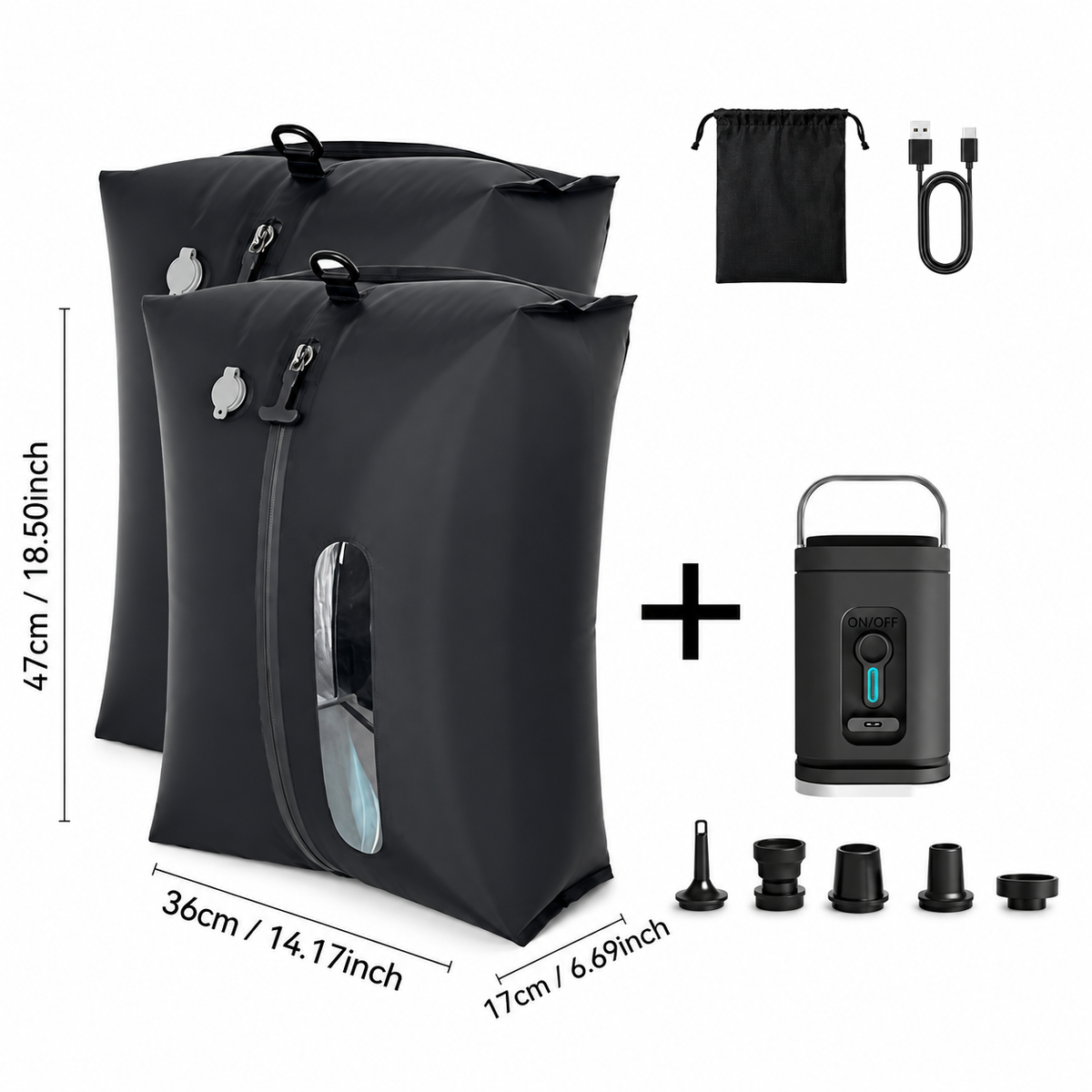 Two Foxnaro 28L travel compression bags with compact pump for travel and luggage organization